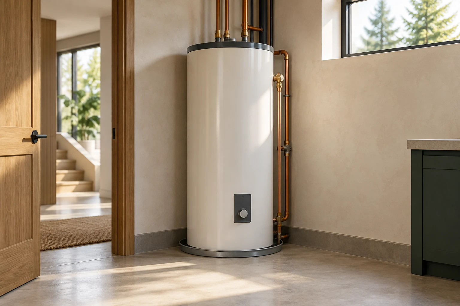 A residential storage water heater in a warm, carefully arranged utility room
